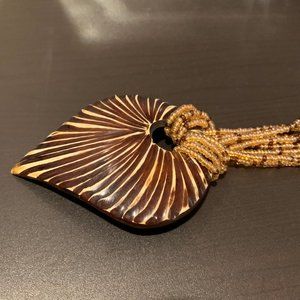 # NWOT Tribal Beaded Necklace, with pearl & beaded strand.  Wooden pendant.
